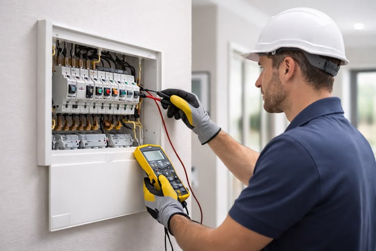 Électricien vérifiant un tableau de distribution au multimètre